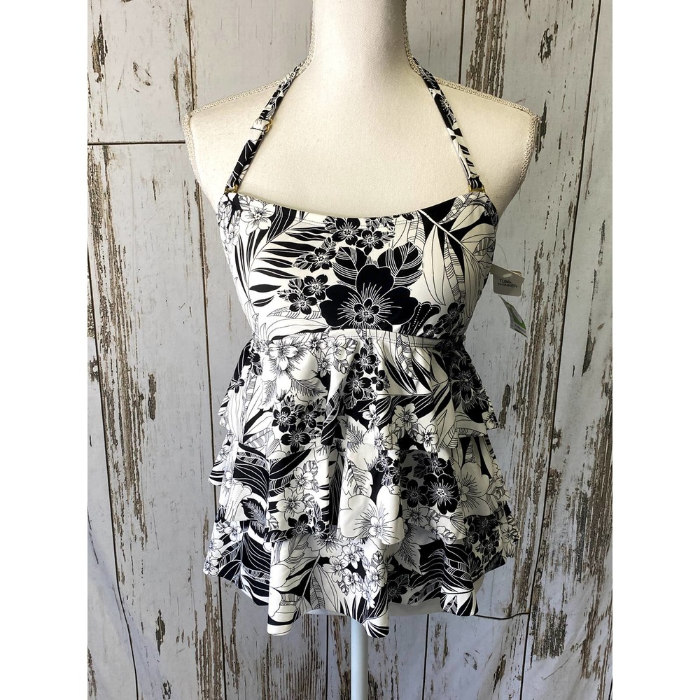 NWT Black And White Floral Tankini With Removable Straps
